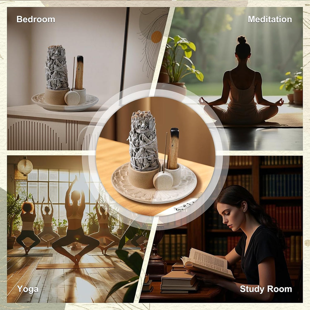 4 in 1 Incense Holder, Ceramic Incense Stick and Palo Santo Holder,Sage Holder for Burning- 5.5" Ceramic Ash Catcher Tray for Meditation and Yoga Room (Sand)