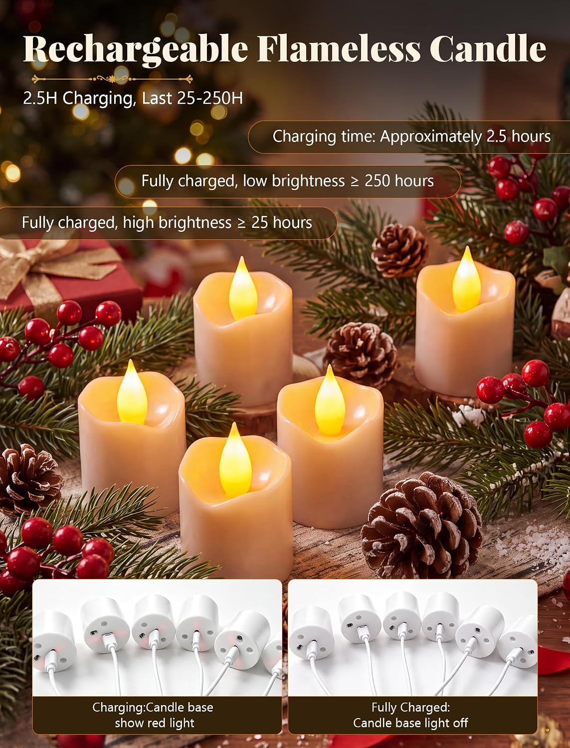 6 Pack Rechargeable Flameless Candles with Remote Timer, USB Charging Cable