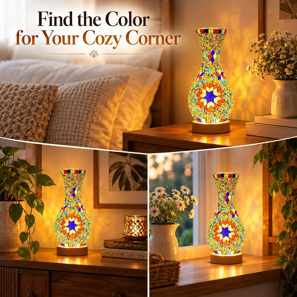 Mosaic Vase Lamp, Turkish Table Lamp with Wood Base, USB LED