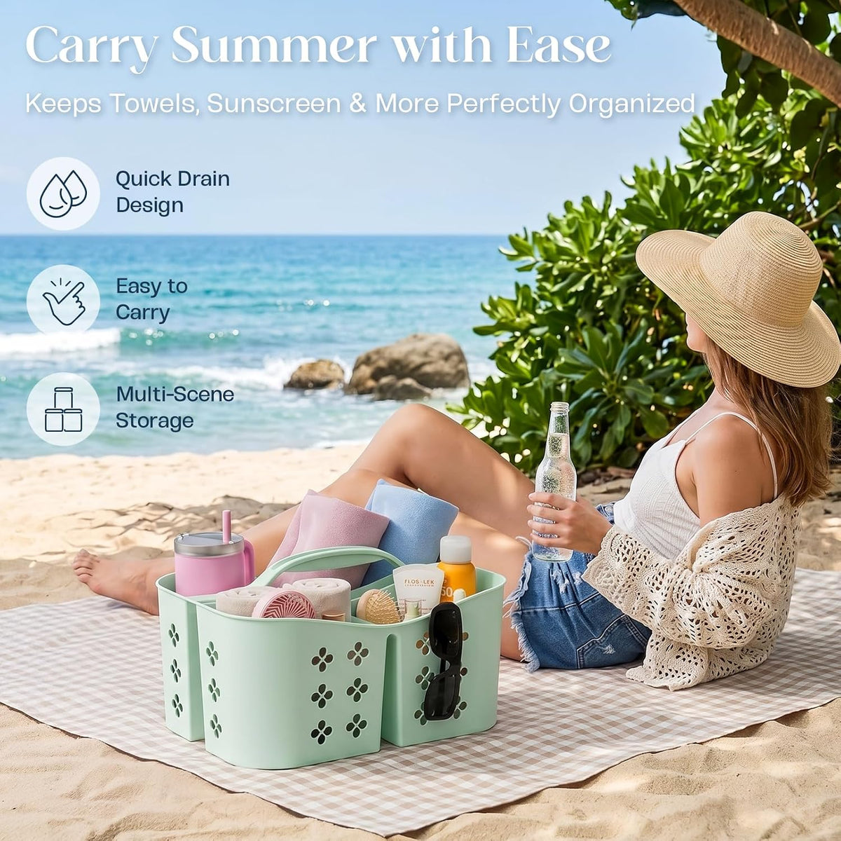 PQH Portable Shower Caddy with Handle, Large Capacity Shower Basket Organizer, Quick-Drain Bathroom Storage Tote, Durable Plastic Shower Organizer for College Dorm, Beach, Gym Essentials, MintGreen