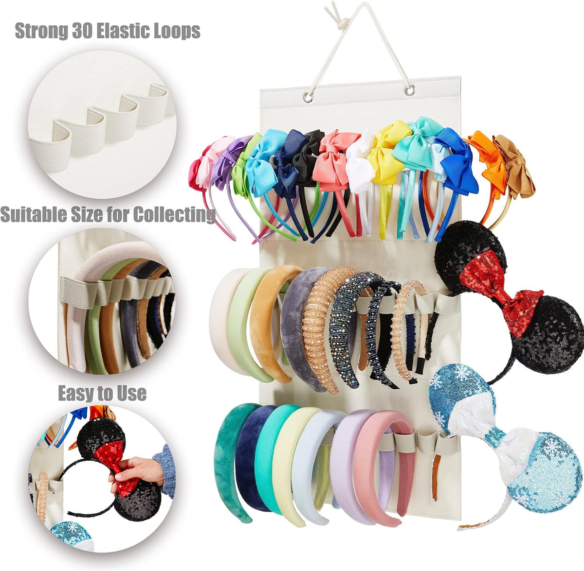 Hanging Headband Organizer with 30 Elastic Loops for Women Girls Headbands Display, Wall Headband Holder Organizer for Home (Beige)