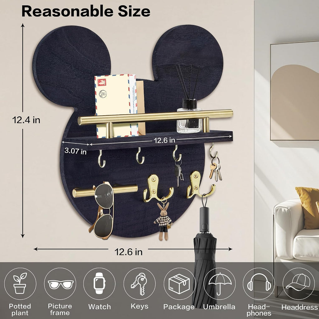AIRPOP Key Holder for Wall–Mouse Wooden Mail Organizer Wall Mount with Shelf and 6 Hooks, Easy Installation Key Rack Hanger for Entryway Living Room Home Decor (Black)