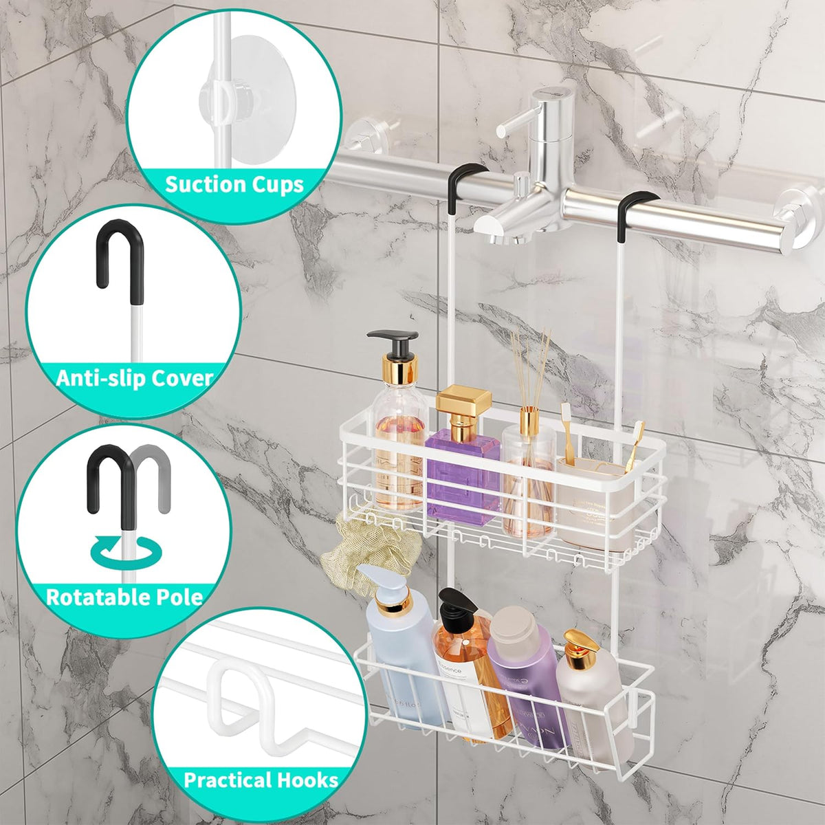 HapiRm Hanging Shower Caddy Organizer - No Drilling Shower Organizer with Inclined Shelf, Rustproof & Waterproof 304 Stainless Steel Bathroom Caddy - White