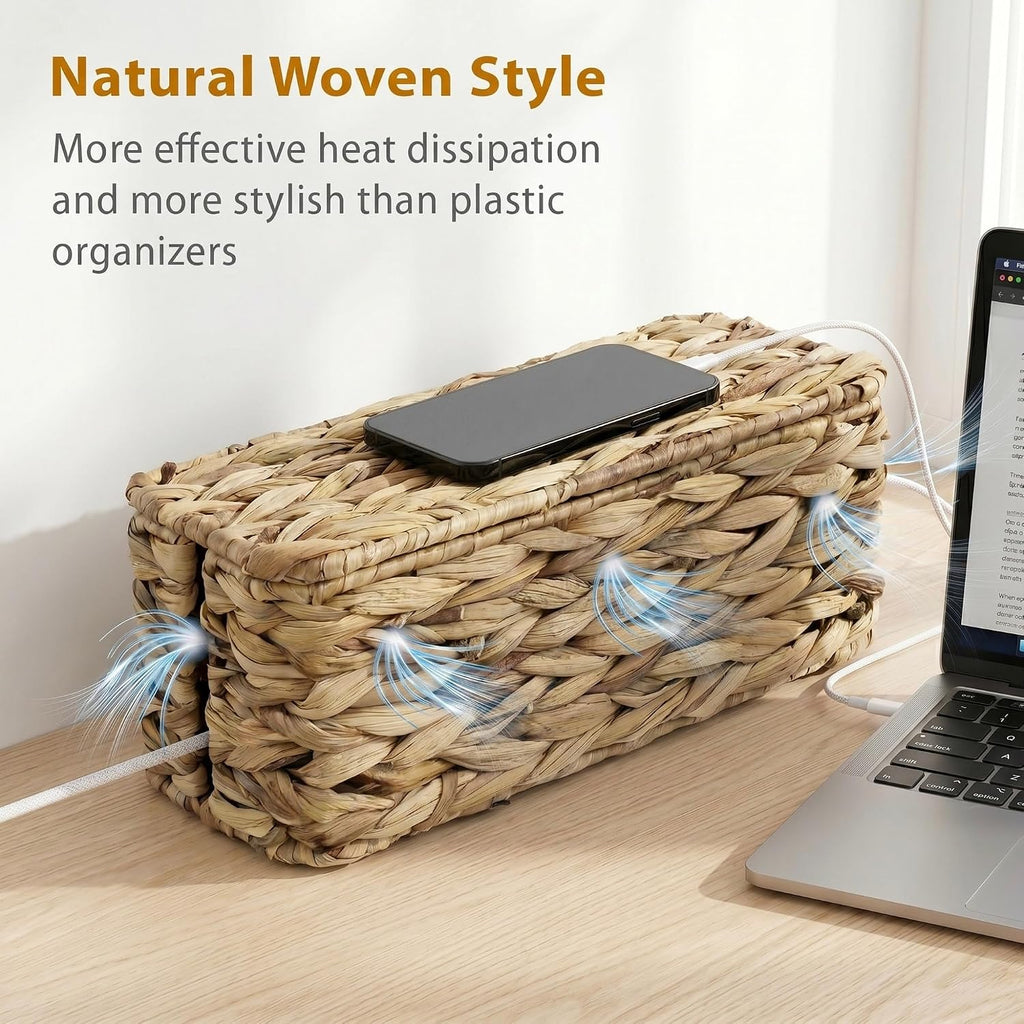 2 Pack Handwoven Cable Management Box with Lid, Decorative Cord Organizer for Power Strips, Chargers, TV Wires, Desk, Home & Office Storage, Natural Water Hyacinth