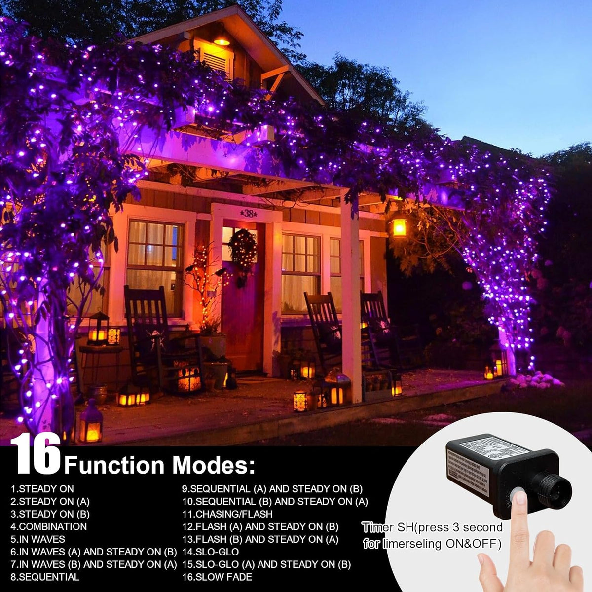 LAMPHOME Halloween Lights, 99ft 300LED Light Purple String Lights, Clear Wire 16 Modes LED Waterproof Indoor Outdoor Purple Christmas Lights Plug in, Halloween Bedroom Garden Party Decor