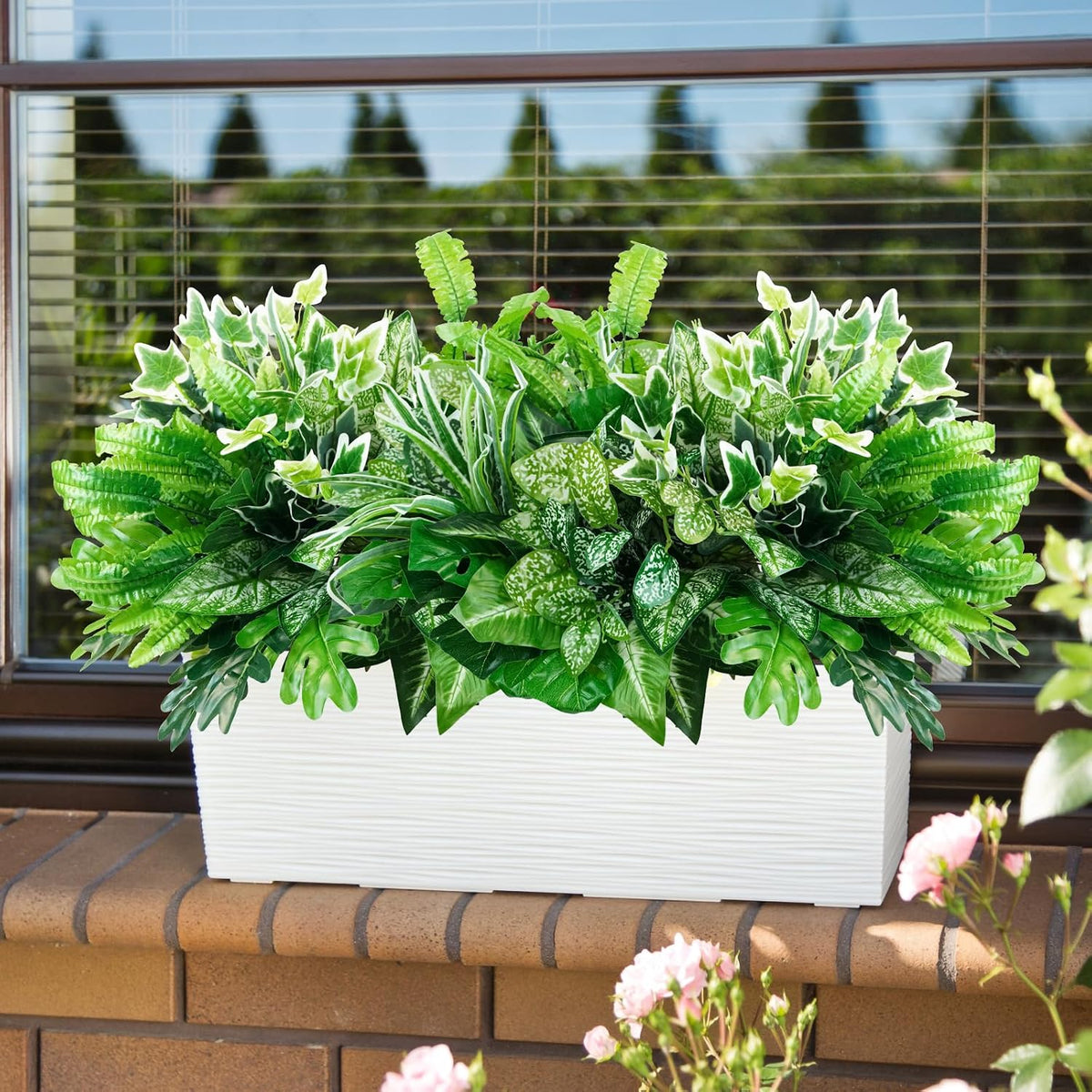 obbsie 16 Bunches Fake Plants Outdoor UV Resistant Artificial Bushes Green Boxwood Shrubs Faux Plastic Plants Greenery Stems for Spring Outdoor Garden Patio Front Porch Yard Home Decor (Pack of 2)