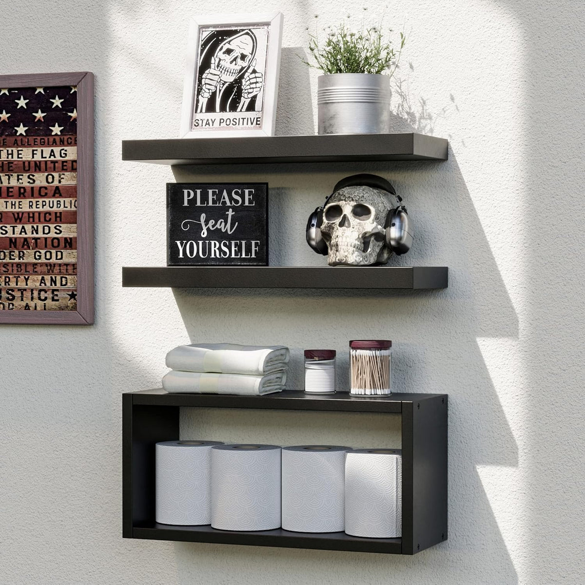 RICHER HOUSE 3-Set Black Floating Wall Shelves, Bathroom Shelf Over Toilet