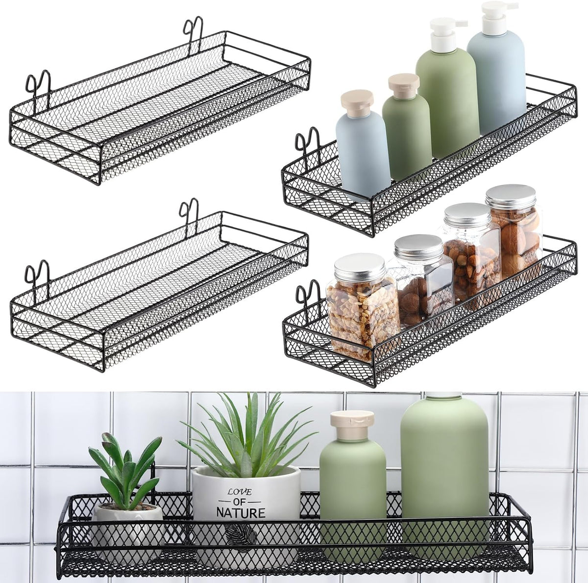 4 Pcs Black Metal Grid Wall Baskets with Hooks Hanging Wire Mesh Basket for Gridwall Wall Mounted Storage Organizer for Home Kitchen Organizing Display