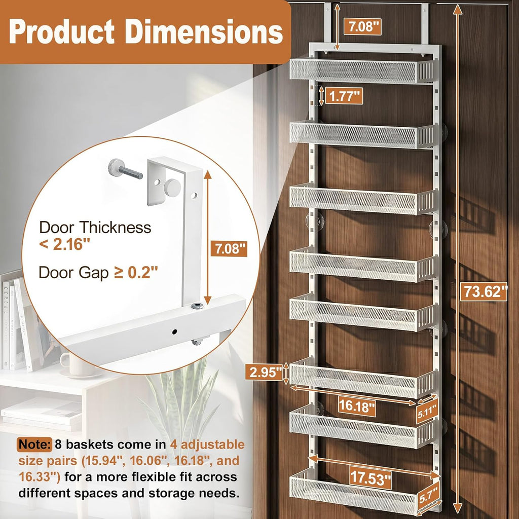 Over the Door Pantry Organizer, 8-Tier Heavy-Duty Door Spice Rack with Mesh Baskets, Height Adjustable & Anti-Swing Design, Pantry Door Organizers and Storage for Kitchen, Bathroom