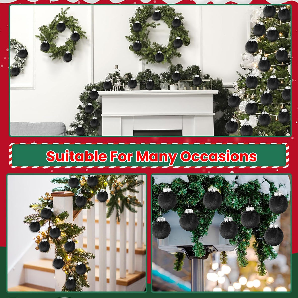 Velvet Christmas Balls Set 30pcs Black Velvet Christmas Tree Ornaments Shatterproof Xmas Hanging Balls Decorative Hanging for Xmas Holiday Family Home Store Indoor Decor 2.4inch