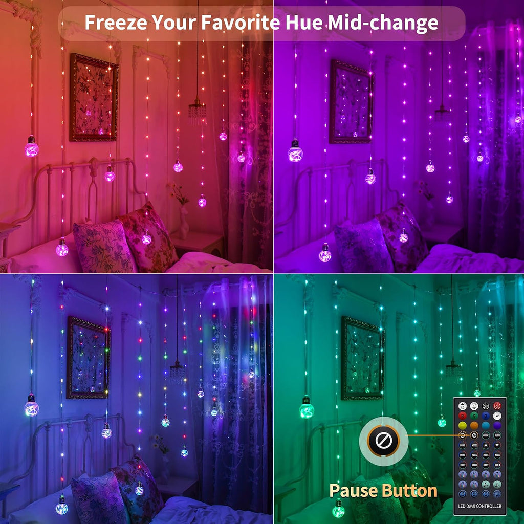 Color Changing Wishing Ball Curtain Lights, 9.8 x 3.3 FT RGB LED Fairy Light with Remote App Control, Music Sync Window Backdrop Wall Hanging Lights for Bedroom Party Halloween Christmas Decoration