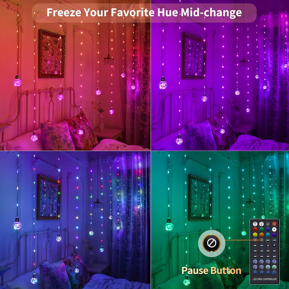 Color Changing Wishing Ball Curtain Lights, 9.8 x 3.3 FT RGB LED Fairy Light with Remote App Control, Music Sync Window Backdrop Wall Hanging Lights for Bedroom Party Halloween Christmas Decoration