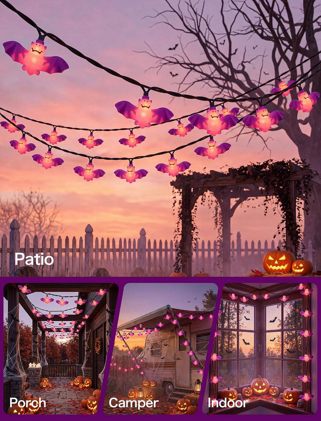 8.5FT Halloween Bat String Lights, Plug in 10 LED Purple Bat Decor Lights