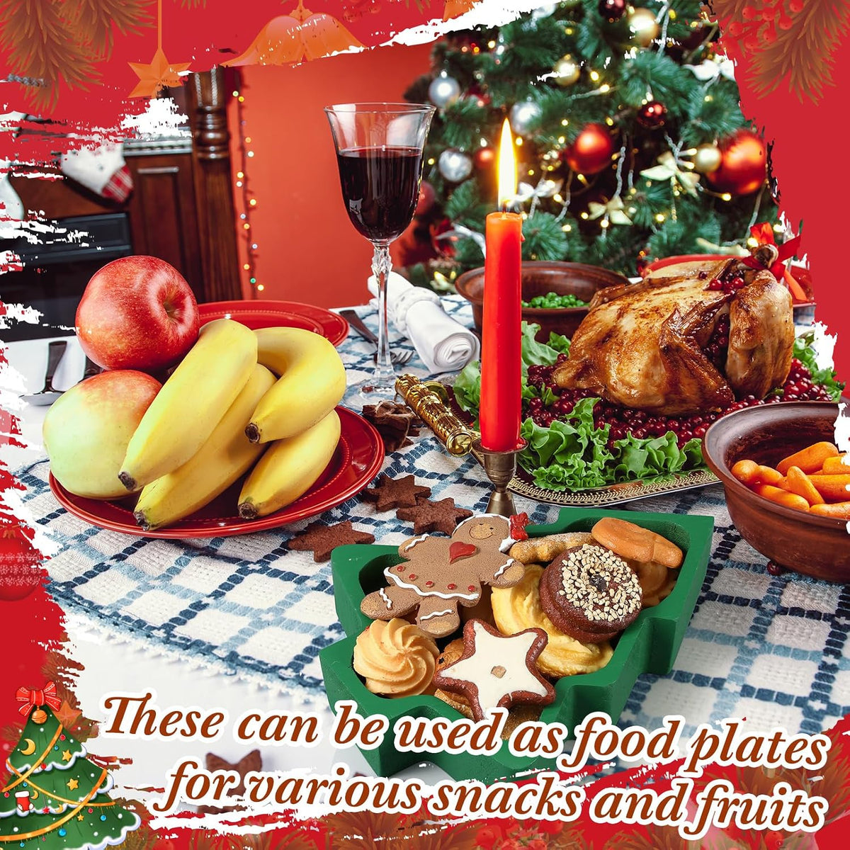 Jingmore 4 Pcs Christmas Wooden Bowl Xmas Tree Tray Dough, Green