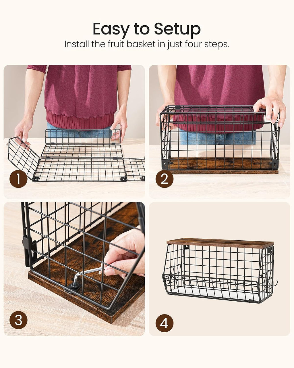 CHOEZON 2-Tier Fruit Basket for Kitchen, Stackable Hanging Basket Wire Baskets with Wooden Lid, Wall-Mounted Kitchen Counter Organizer for Fruit, Vegetable Storage, Rustic Brown and Black TCW02P2BF