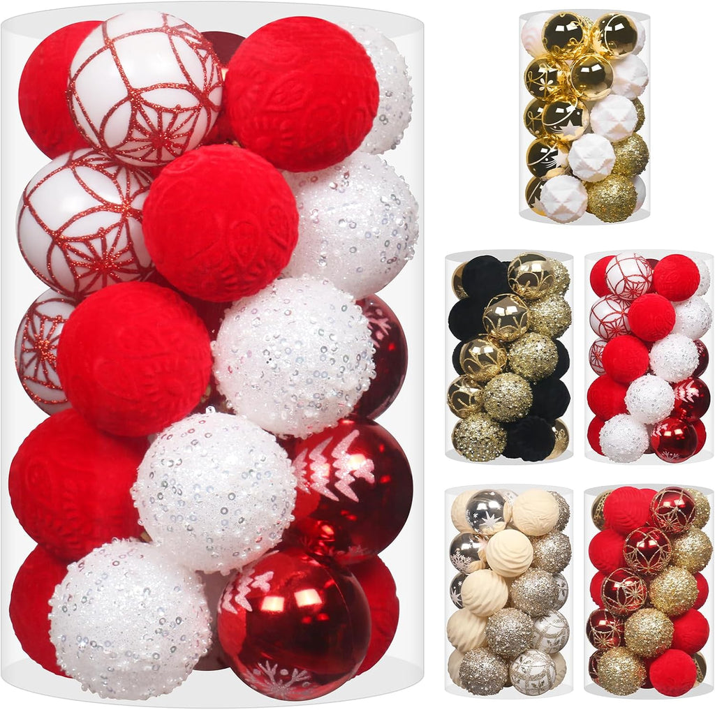 25PCS 2.36In Velvet Red/White Christmas Ball Tree Ornaments Decorations Set