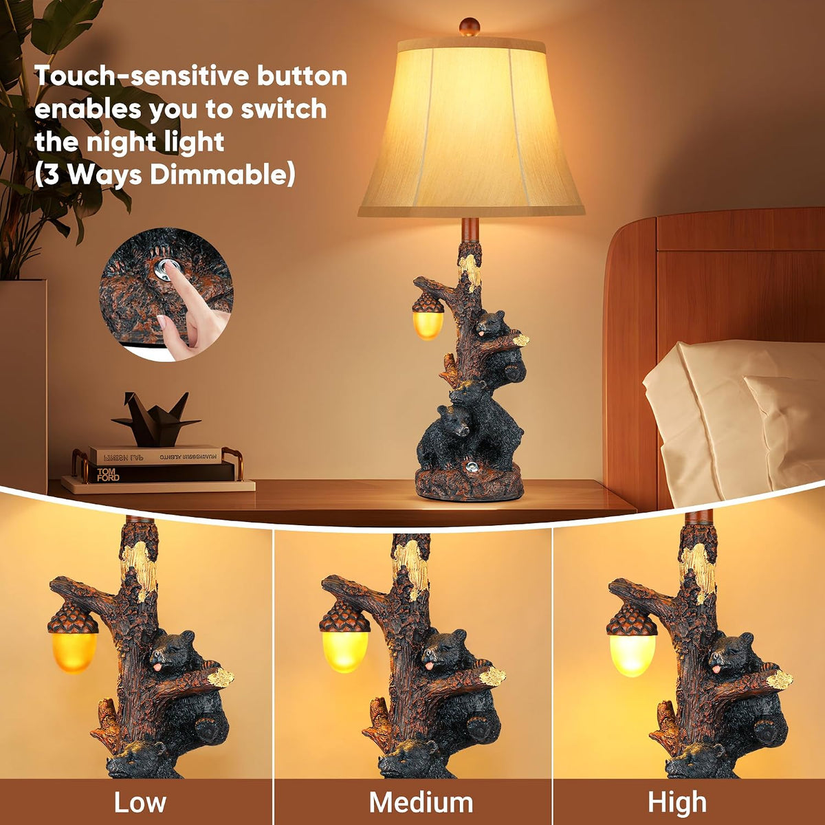 Set of 2 Bear Bedside Table Lamps for Bedroom with Nightlight & USB A+C,Touch Accent Cottage Table Lamps for Living Room,Farmhouse Rustic Animal Nightstand Lamps for Western Cabin Christmas Decor