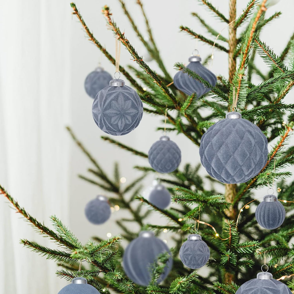46PCS Velvet Christmas Ball Ornaments Set, Flocked Shatterproof Xmas Tree Decor, Assorted Hanging Ornaments with Loop for Holiday Home Decor, Christmas Tree Decoration (Gray Blue)