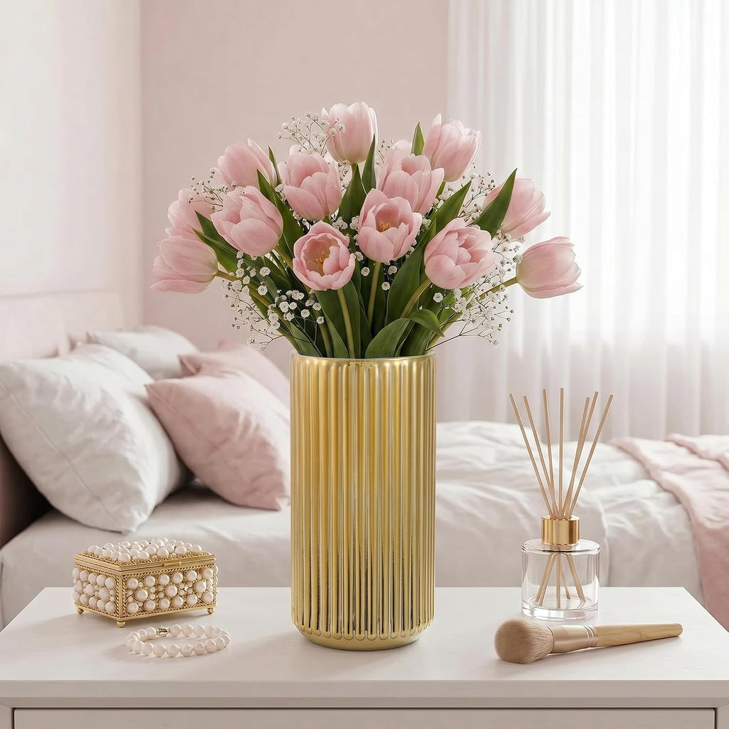 Ribbed Glass Vase,Flower Vase for Bouquet, Gold Glass Vases for Flowers, Modern Vases for Living Room, Bathroom, Dining Table, Office, Wedding, Centerpieces, 8 Inches