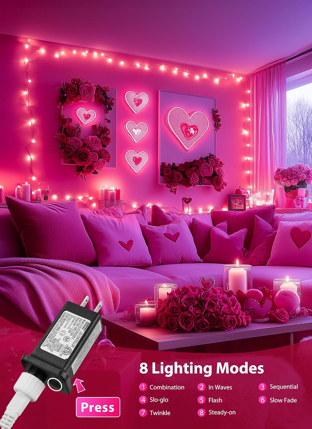 2 Pack Pink Christmas Mini Lights, Total 78Feet 200LED Pink String Light with 8 Lighting Modes, Connectable Valentine's Lights for Indoor Outdoor Valentine's Day Garland Wreath Holiday Decorations