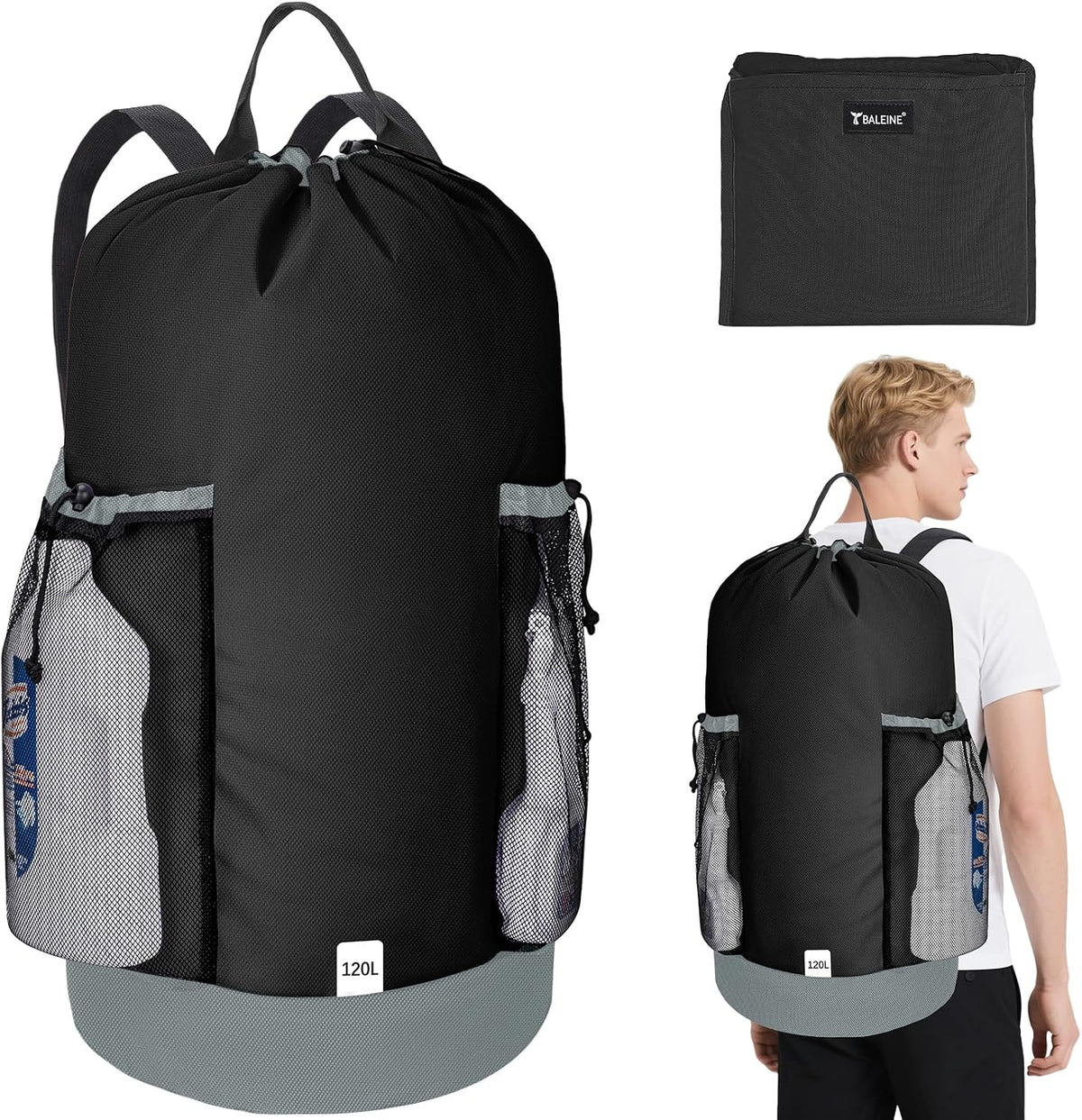 BALEINE 120L Laundry Bag Backpack, 900D Oxford Fabric Large Travel Laundry Bags with Shoulder Straps and 2 Mesh Pockets for College Dorm, Apartment, Laundromat (Black, 120L)