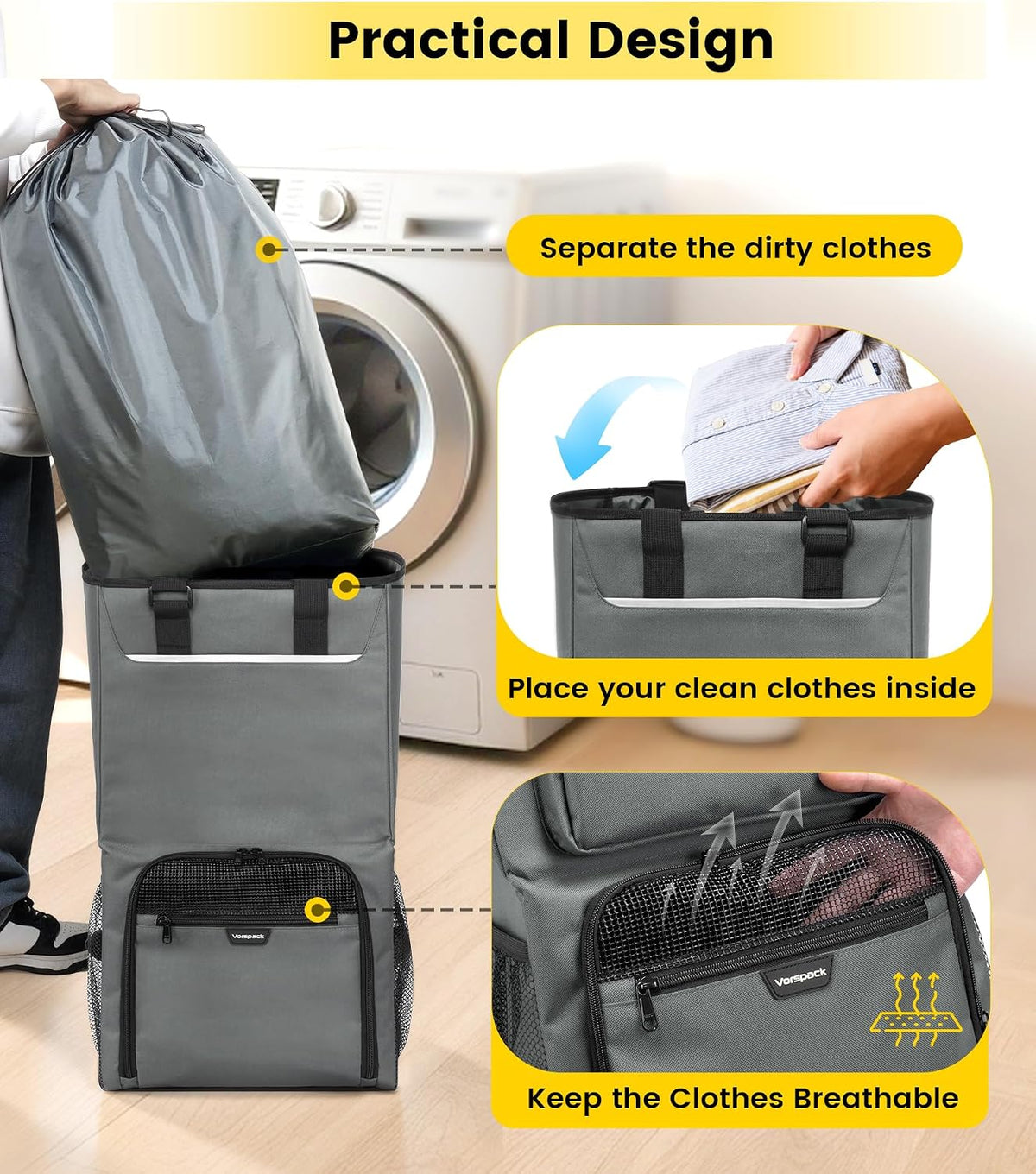 Vorspack Laundry Backpack for College Students, 2 in 1 Laundry Bag, Grey