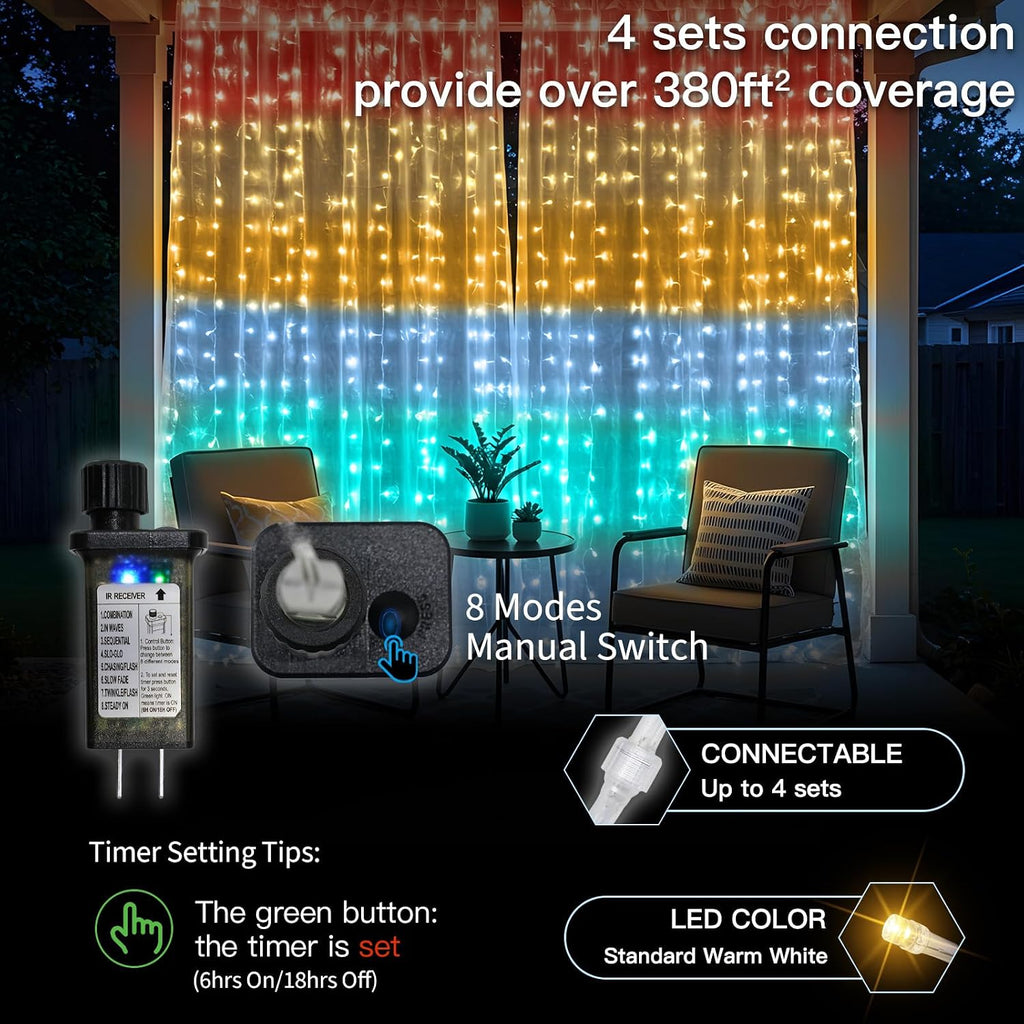 suddus Curtain Lights, 300 Led 9.8 * 9.8ft Sunset Curtain Fairy Lights