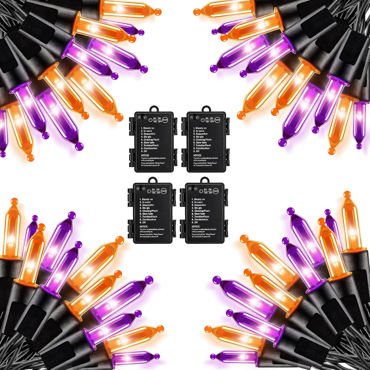 4 Pack 200LED 64FT Purple Orange Halloween String Lights, Battery Operated