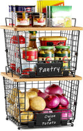 2 Set Large Stackable Wire Basket with Bamboo Tops & Tag- Pantry Organizer and Storage Bins, Kitchen Counter Cabinet Shelf Countertop Under Sink Organizing for Food Snack Produce Onion Potato Bread