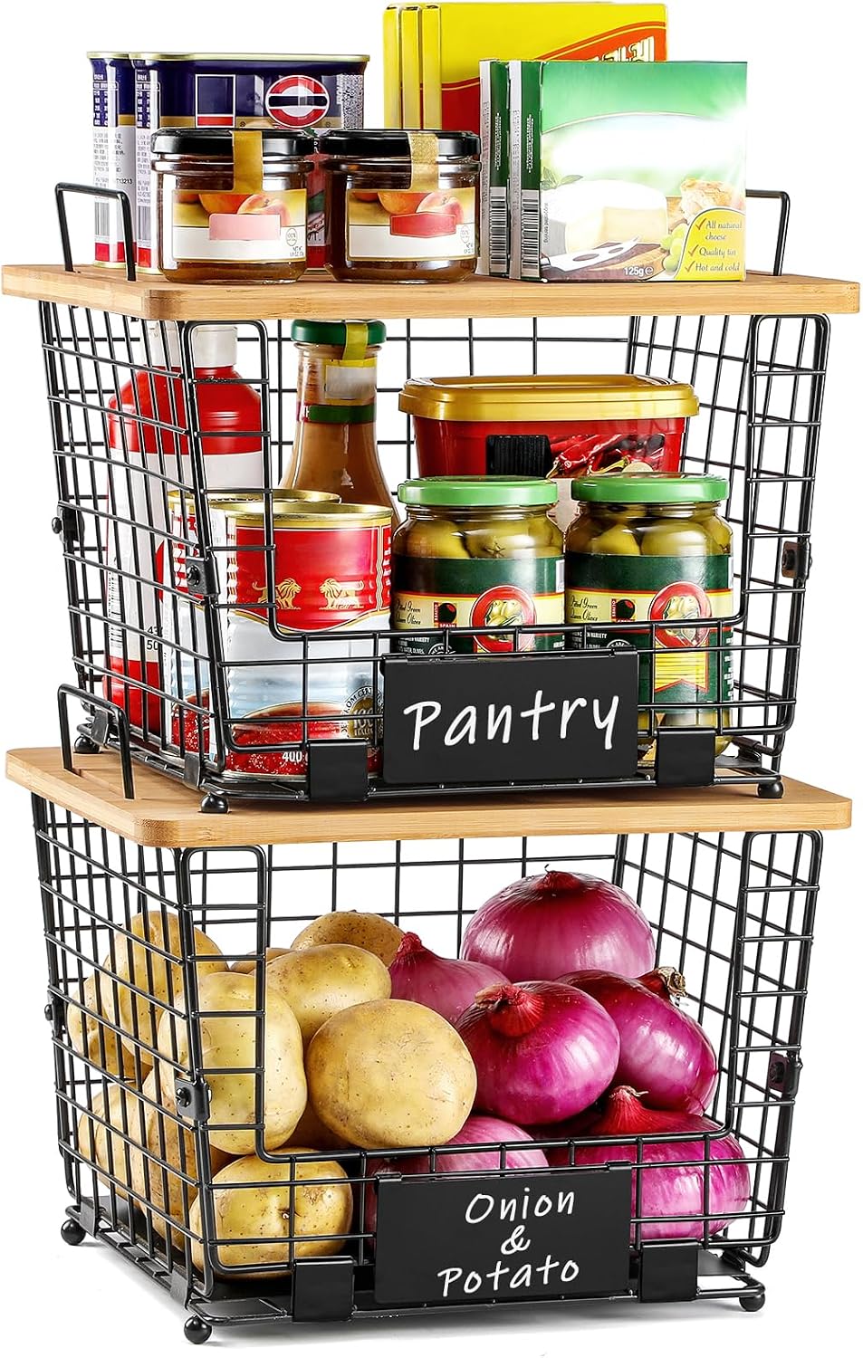 2 Set Large Stackable Wire Basket with Bamboo Tops & Tag- Pantry Organizer and Storage Bins, Kitchen Counter Cabinet Shelf Countertop Under Sink Organizing for Food Snack Produce Onion Potato Bread