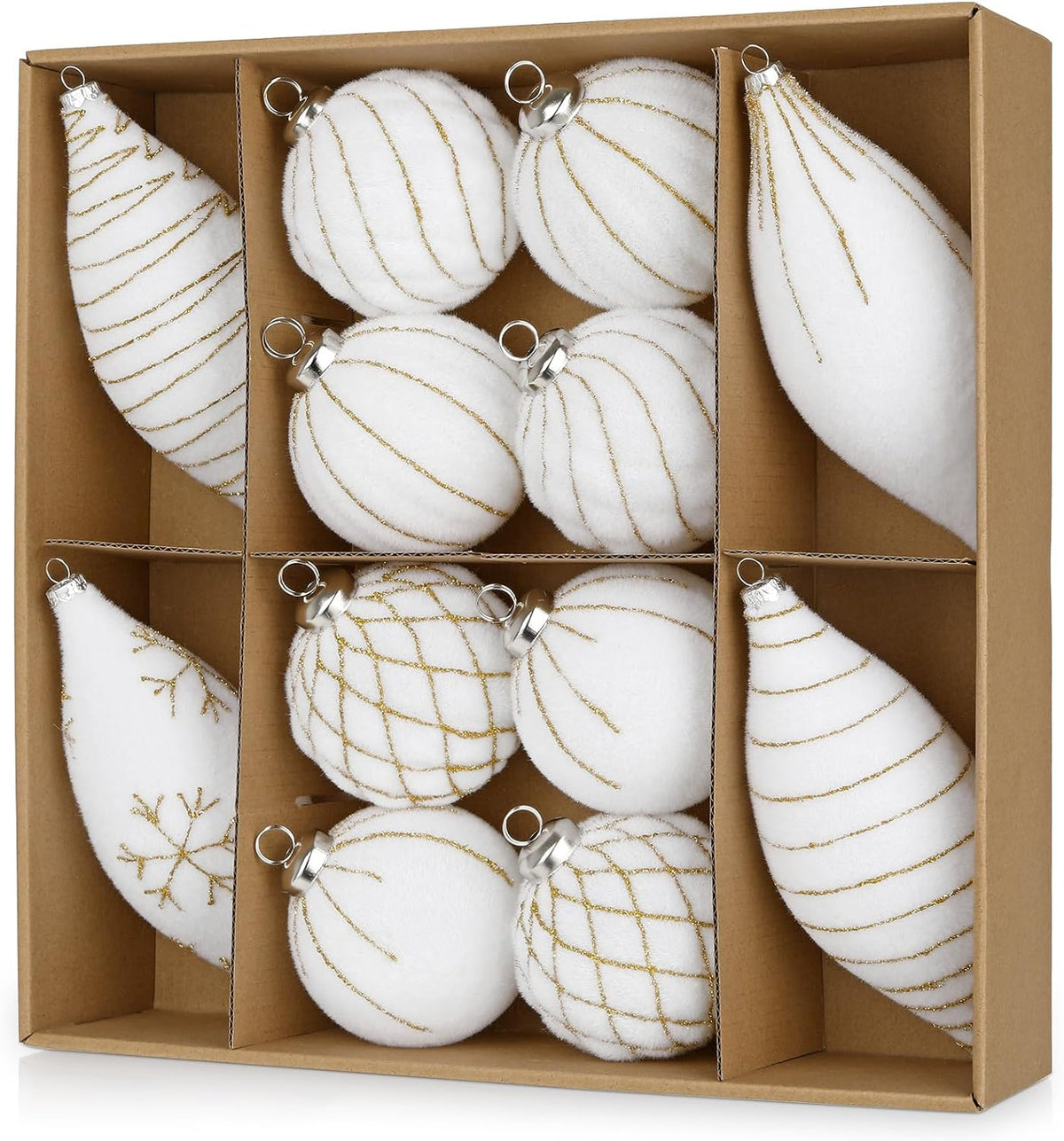 12PCS Velvet Christmas Ornaments Balls 3.15/6.6 Inch Flocked Ornament Sets Glitter Balls for Xmas Hanging Ornaments Decoration Wedding Party Holiday Decor - Snow White