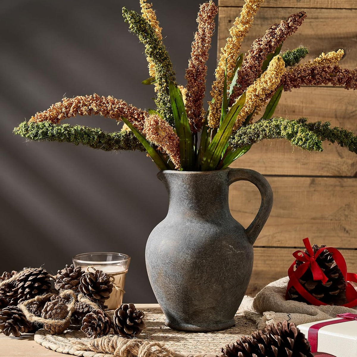 SIDUCAL Ceramic Rustic Farmhouse Vase with Handle, Terracotta Vase, Minimalist Decorative Vases for Home Decor, Table, Wedding,Living Room, Shelf, Decoration(BD)