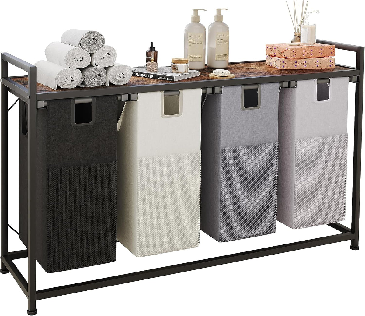 4 Bin Laundry Hamper w/Folding Table, Laundry Basket w/Removable Bags
