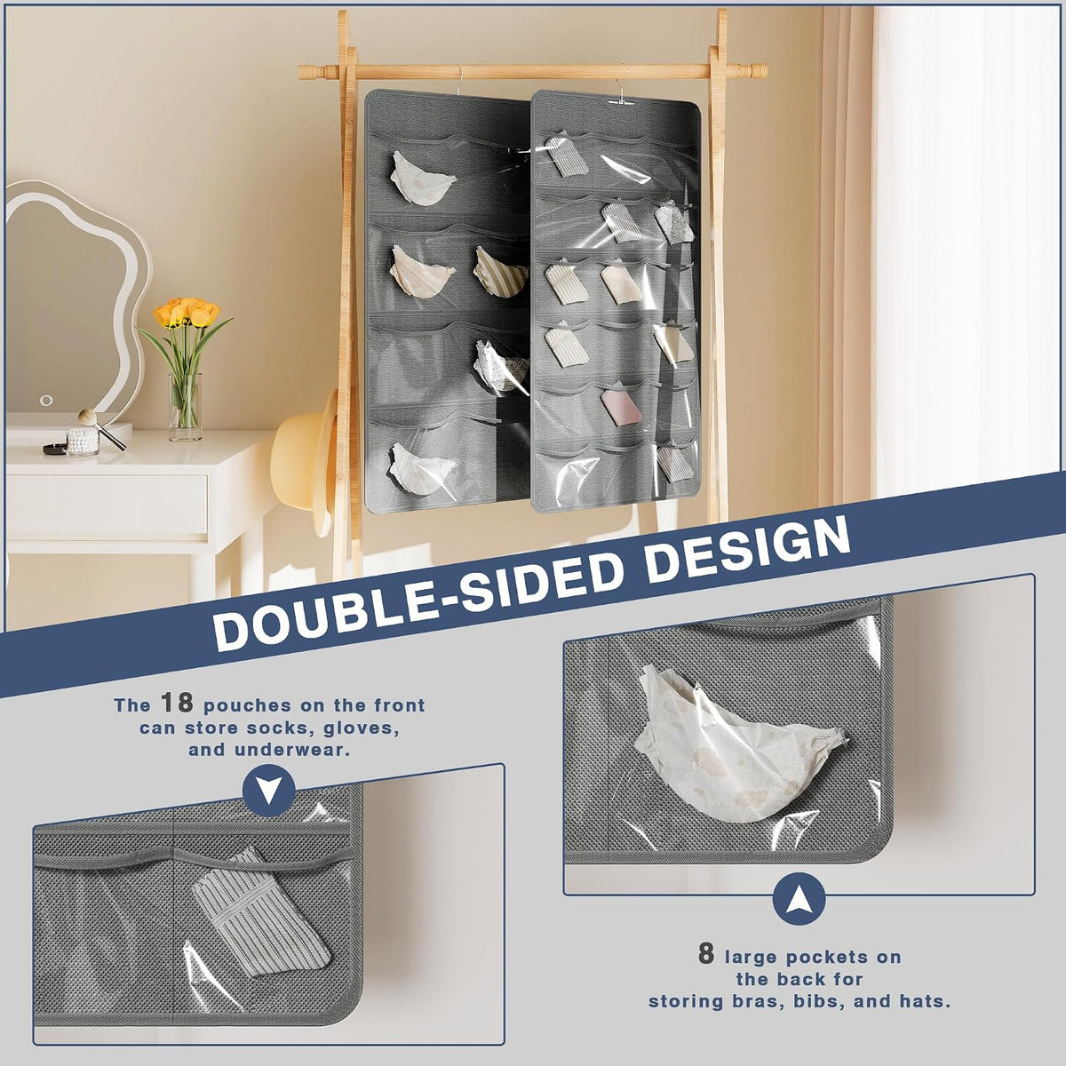 26-Pocket Hanging Closet Organizer for Socks and Underwear, Dark Gray