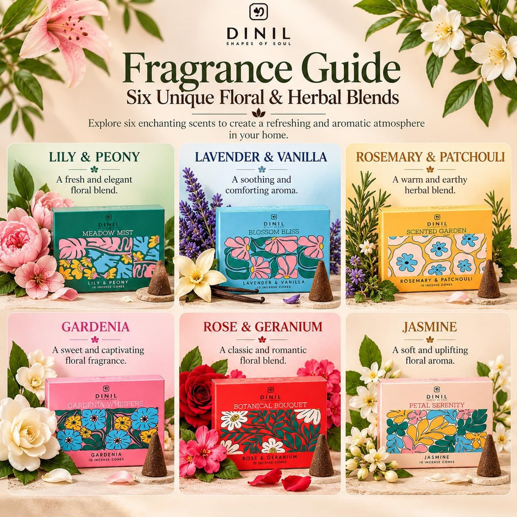Dinil Floral Incense Cones Variety Pack, 60 Cones, 6 Floral & Herbal Scents