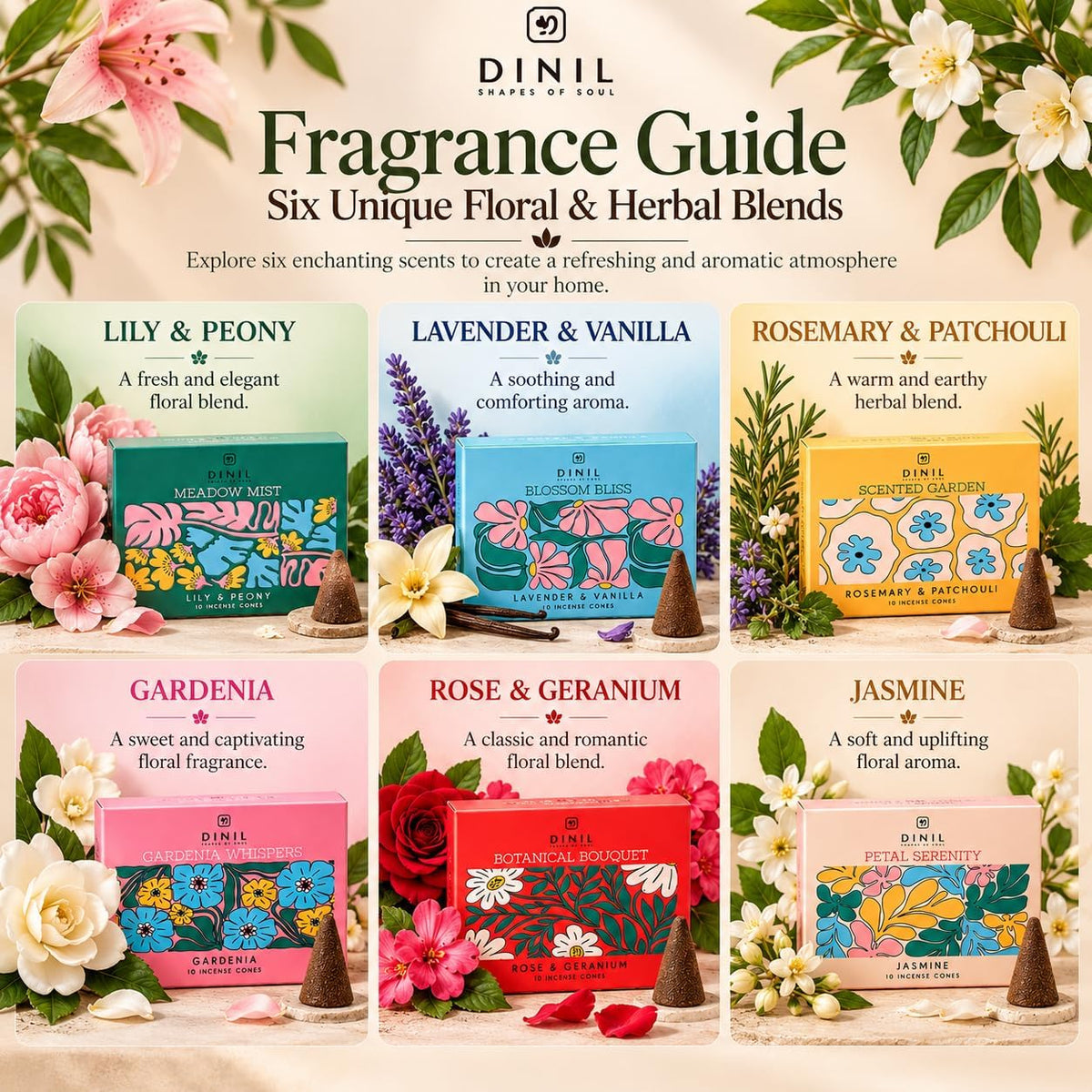Dinil Floral Incense Cones Variety Pack, 60 Cones, 6 Floral & Herbal Scents