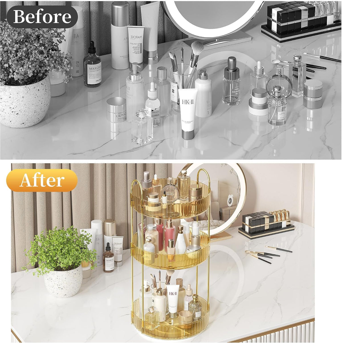 Rotating Makeup Organizer Countertop, 3 Tier, Gold
