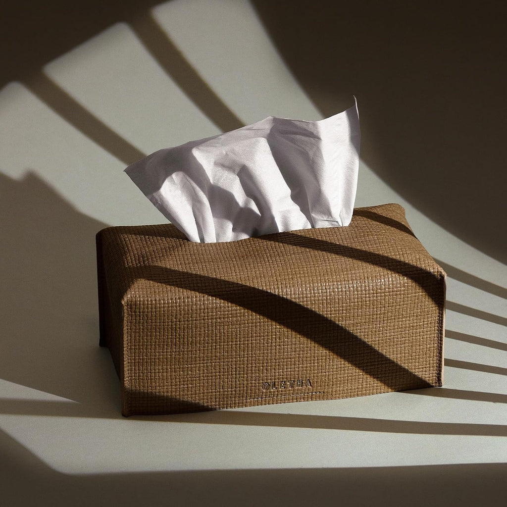 OLETHA Rectangle Tissue Box Cover, Raffia Embossing, Wheat, Standard Size