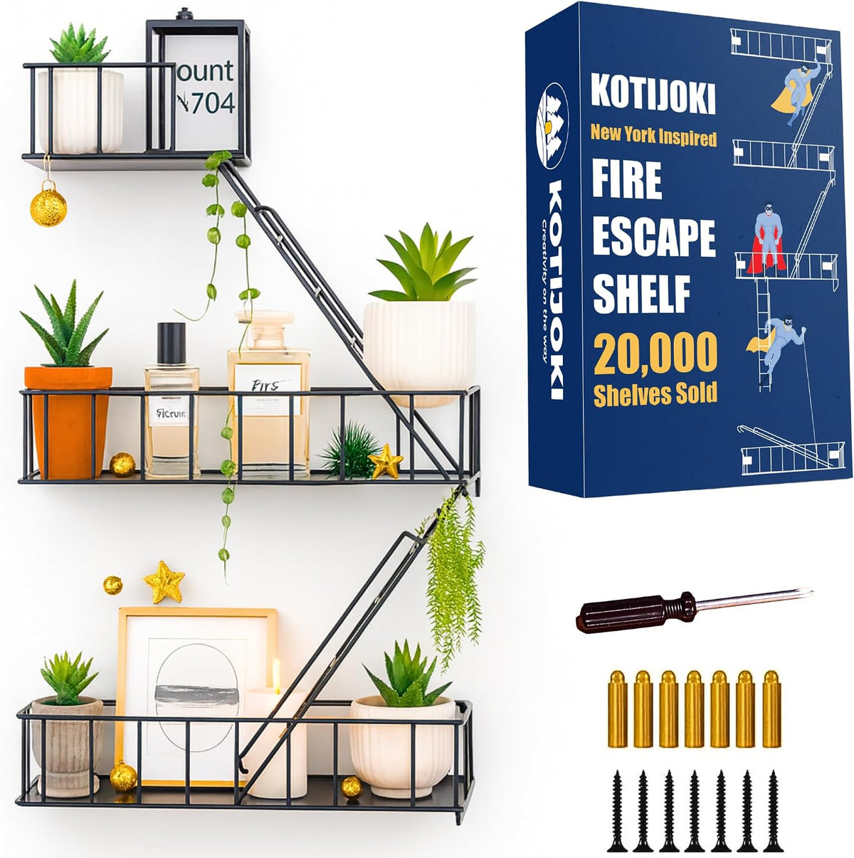 Fire Escape Shelf, Black Metal Decorative Floating Ladder Shelf, 2.5-Tier