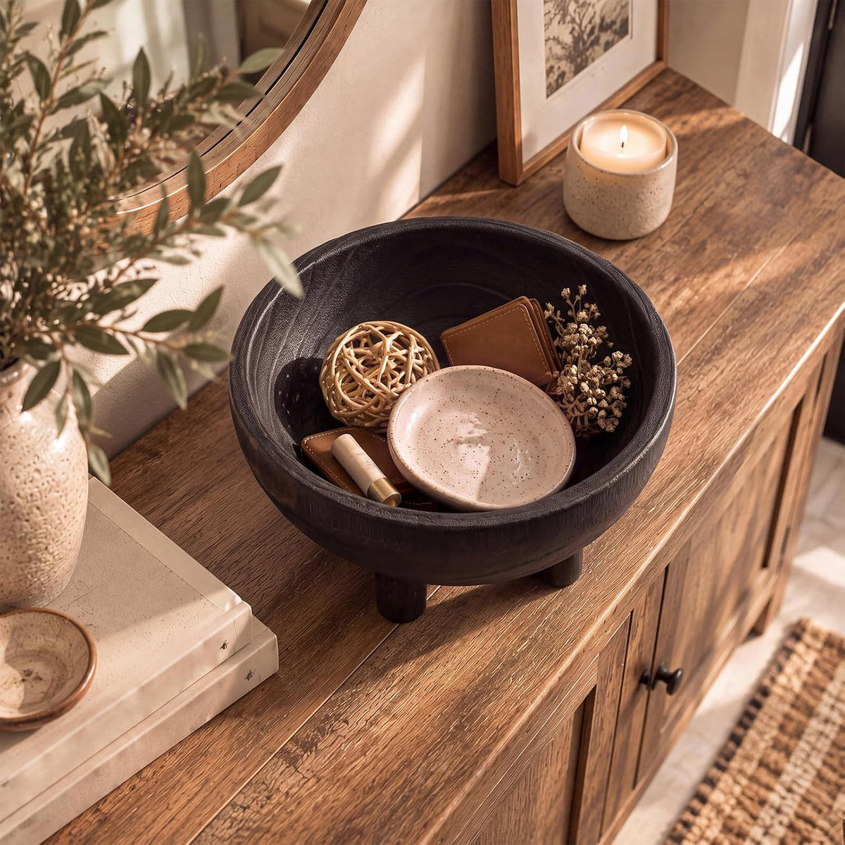 Brown Wooden Fruit Bowl with 4 Legs for Kitchen Counter