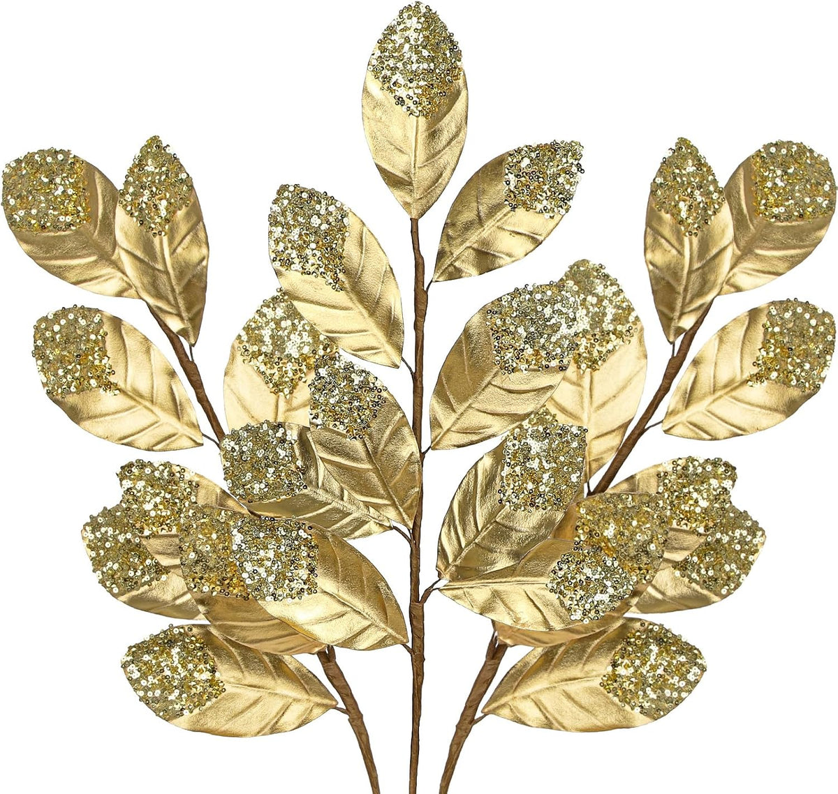 Hollyone Christmas Tree Picks and Sprays 3Pcs Gold Artificial Magnolia Stems Magnolia Leaves Branches Fake Gold Leaf Floral for Vase DIY Xmas Tree Garland Wreath Centerpieces Wedding Decor