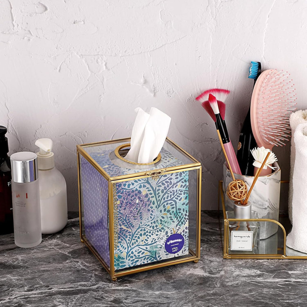 Sumnacon Square Clear Glass Tissue Box Cover, Gorgeous Gold Tissue Holder