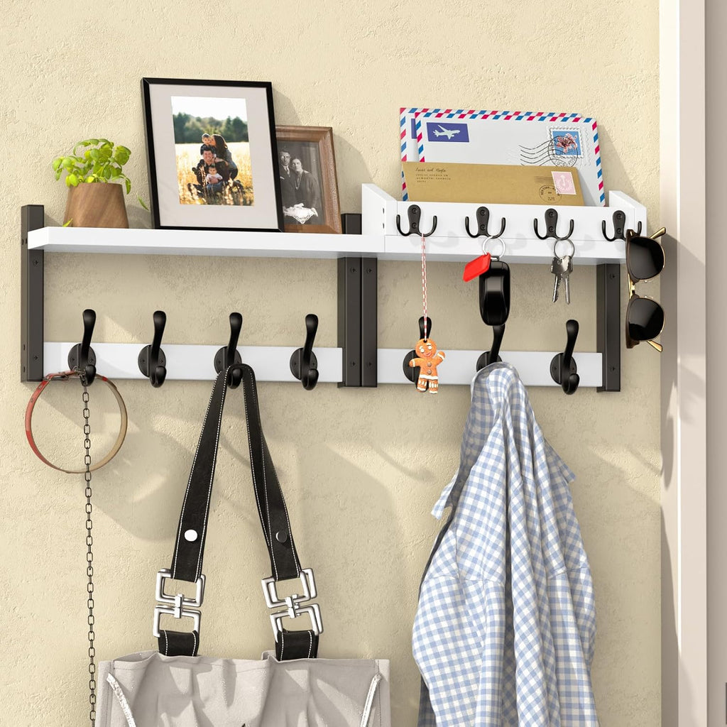 29'' White Coat Rack Wall Mount with Shelf, Solid Wood Coat and Key Hanger with 11 Metal Hooks, Farmhouse Wall Organizer for Mail, Entryway Wall Hangers for Hats, Clothes, Backpacks, Mudroom