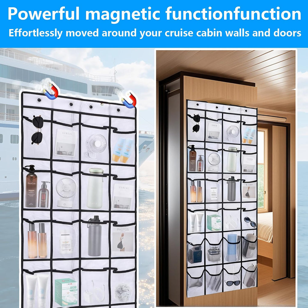 Magnetic Door Organizer for Cruise Ships, 24 Mesh Pockets, White