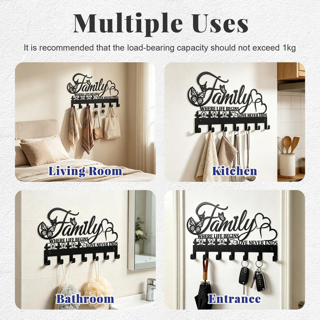 Keys Holder on Wall, Decorative Metal Hanger with 7 Hooks, Black