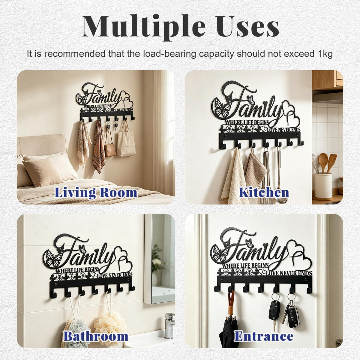 Keys Holder on Wall, Decorative Metal Hanger with 7 Hooks, Black