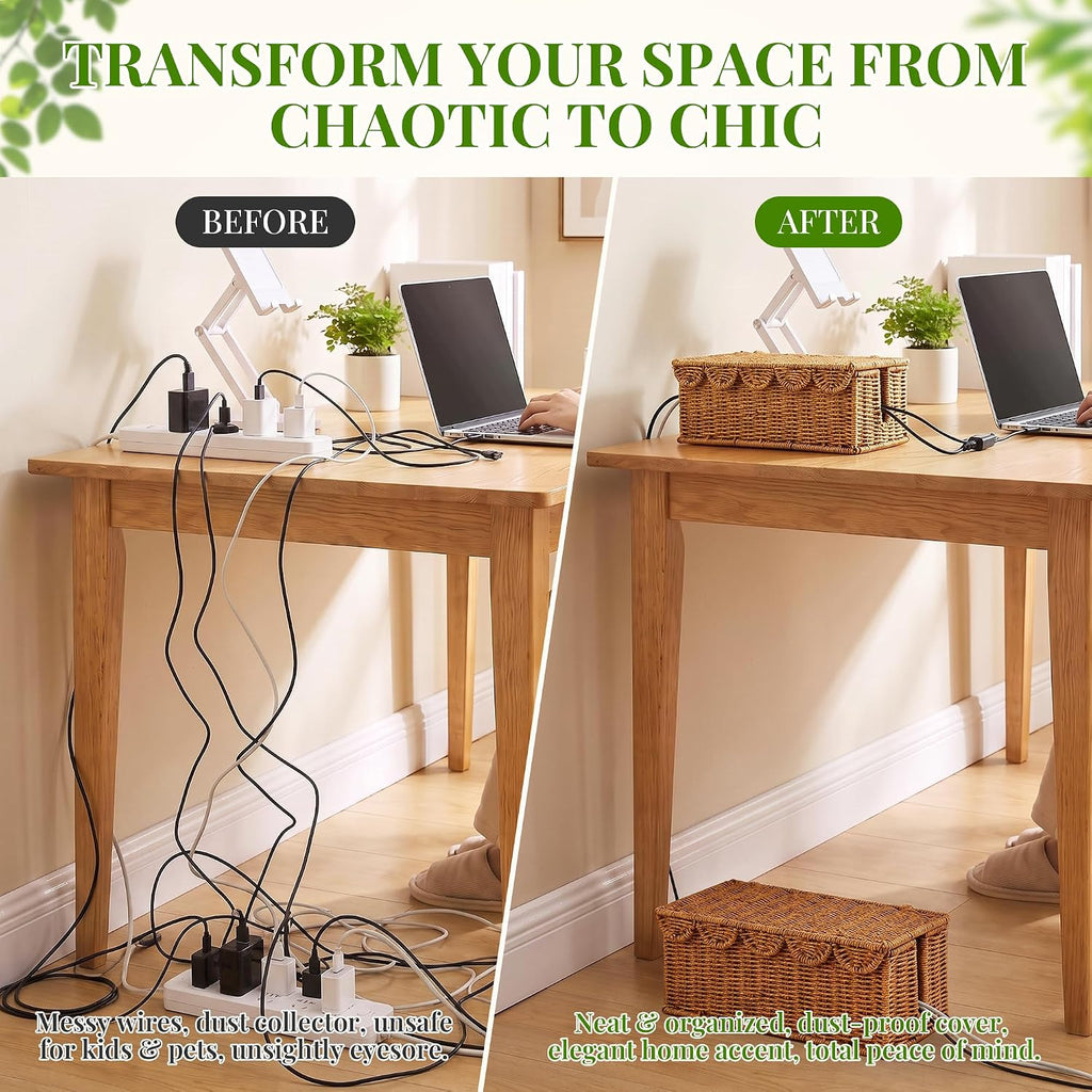 2 PCS Handmade Rattan Cable Management Box,Decorative Cord Hider