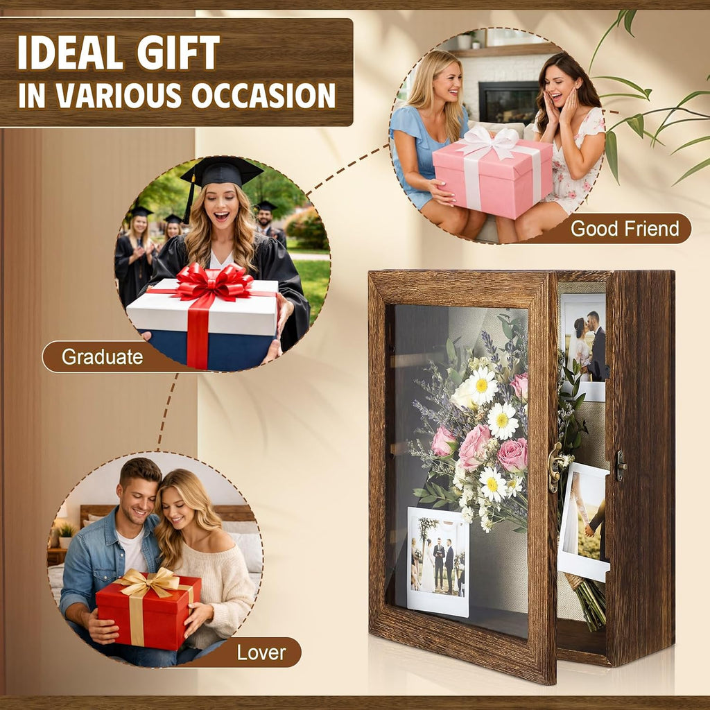 Gerrii Shadow Box Display Case 11 x 13 - Deep 5 Inch Wooden Picture Frame with Linen Back, Removable Shelves, Wooden Memory Case for Wedding Bouquets, Photos, Medals & Keepsakes, Brown