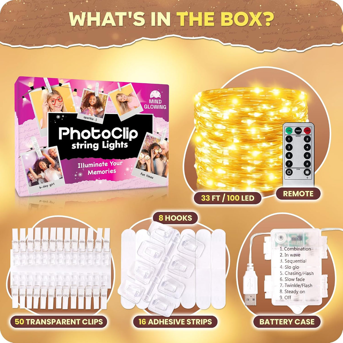 Mind-Glowing Photo Clip String Lights, Warm White (100 LED, 33 ft)