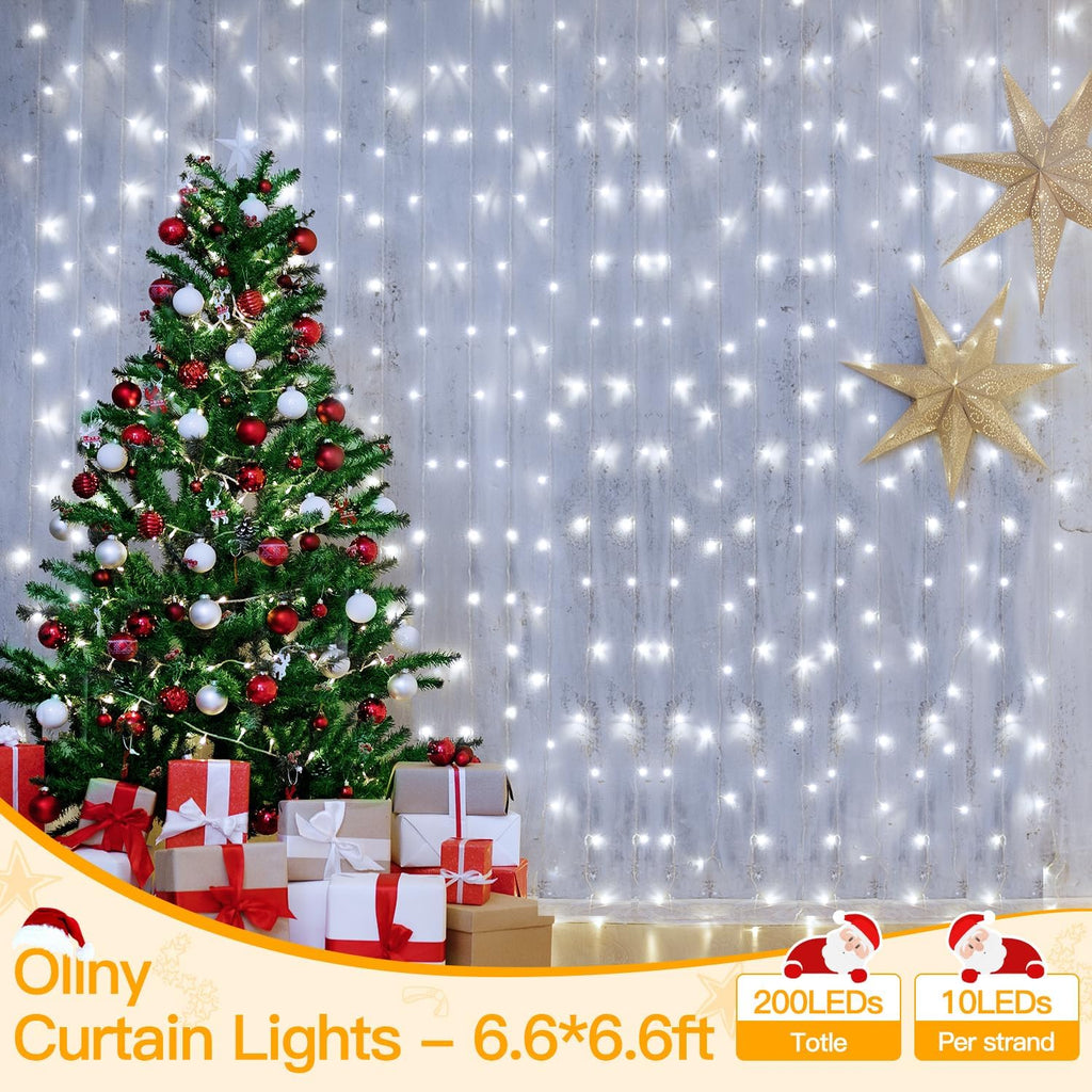 Ollny Curtain Lights 6.6x6.6ft, 200 LED White Christmas Lights with Remote